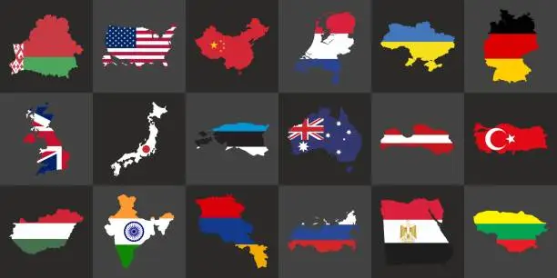 Vector illustration of Detailed vector maps of the countries in the world. Colorful banner. Chess pattern.