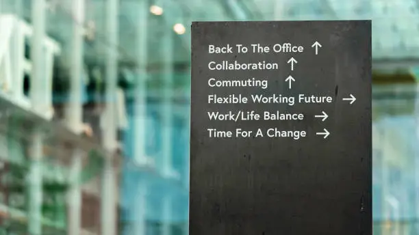 Working future choices on a black city-center sign in front of a modern office building