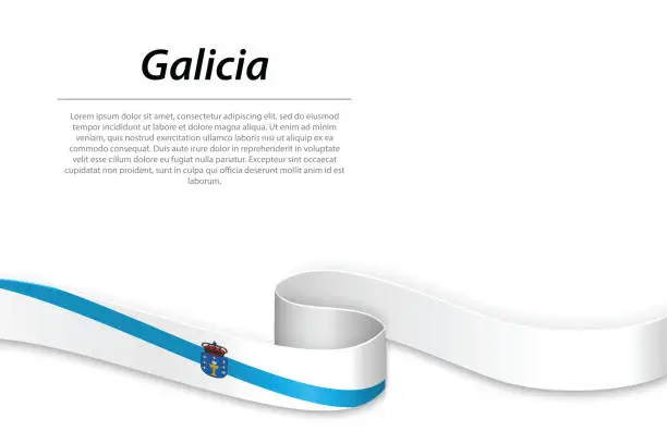 Vector illustration of Waving ribbon or banner with flag of Galicia