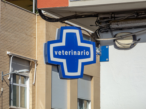 Blue cross indicating the presence of a veterinary clinic on the corner of a building.