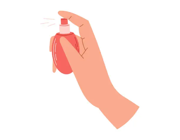 Vector illustration of Female Hand holding Dispenser, Perfume bottle. Spraying fragrant Cosmetic Eau de Toilette. Vector isolated flat illustration.