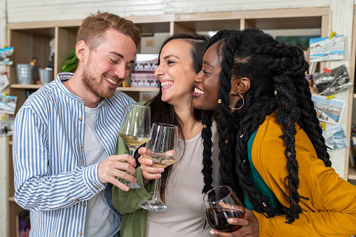 Multiracial group of people drinking wine, close up shot of friends toasting at a dinner party and having fun