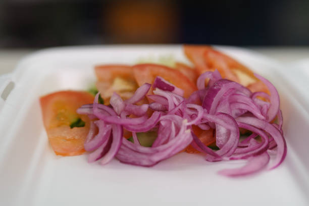 Lunch box with sliced purple onion, tomatoes and salad