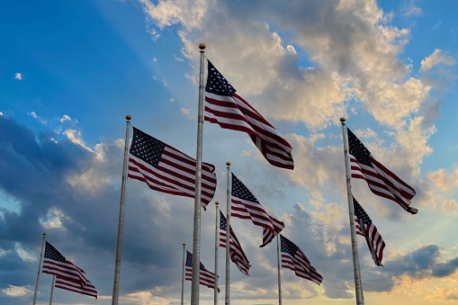 A group of United States of flags.