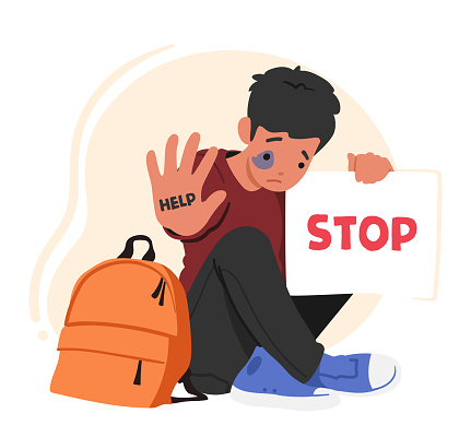 Young Boy Character with Signs of Beatings on Face Holds Banner With Word Stop, Symbolizing Fight Against Domestic Violence or Bullying. Powerful Message Against Abuse. Cartoon Vector Illustration