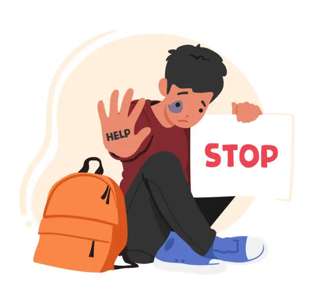 Vector illustration of Young Boy Character with Signs of Beatings on Face Holds Banner With Word Stop, Fight Against Domestic Violence