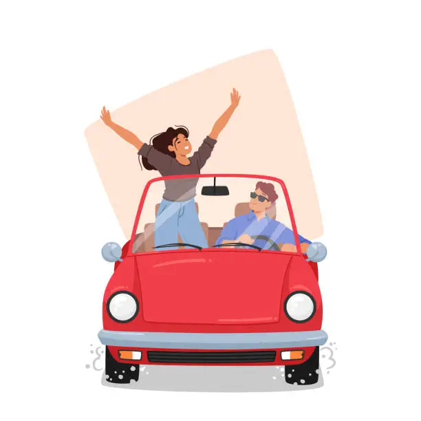 Vector illustration of Excited Woman And Her Partner Characters Traveling By Car On A Scenic Route Promoting Travel, Adventure Or Road Trip
