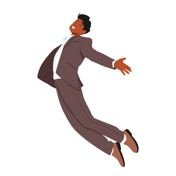 ilustrações de stock, clip art, desenhos animados e ícones de male character suspended in the air in flight or jump feeling adventure and excitement, spirit of exploration - men businessman jumping levitation