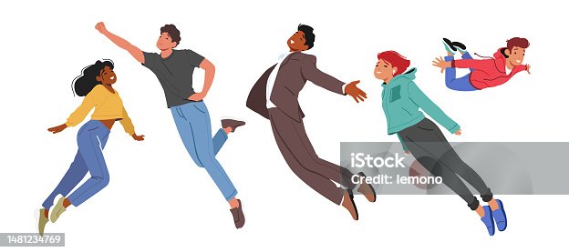 istock Male Female Characters Soar Through The Sky with Arms Outstretched In Exhilarating Freedom. Feeling Of Flight Concept 1481234769