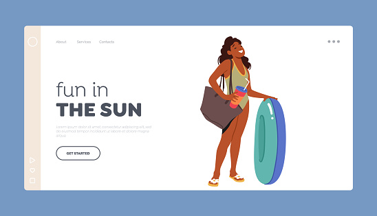 Fun in the Sun Landing Page Template. Young Female Child Stands With Round Floaty In Hand. Teen Black Girl Wearing A Bathing Suit with Inflatable Ring, Soda and Beach Bag. Cartoon Vector Illustration