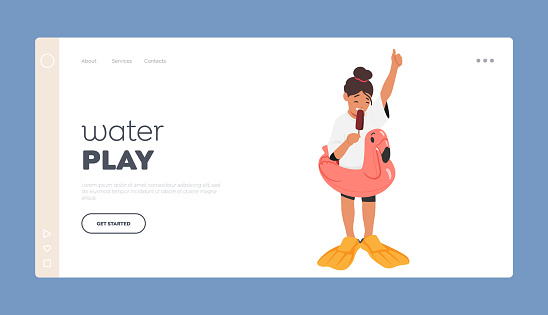 Water Play Landing Page Template. Little Girl With An Inflatable Ring Around Her Waist, Happily Enjoyed Her Ice Cream On A Sunny Day. With A Big Smile On Her Face. Cartoon Vector Illustration
