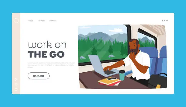 Vector illustration of Work on the Go Landing Page Template. Man Using A Laptop While On A Train Commute. . Remote Work Productivity