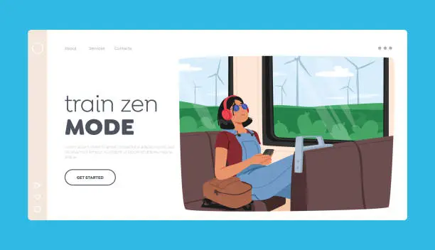 Vector illustration of Train Zen Mode Landing Page Template. Young Woman Listening To Music With Headphones While Riding The Train