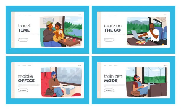 Vector illustration of People in Train Landing Page Template Set. Commuters Sitting On Seats While Traveling To Their Destinations