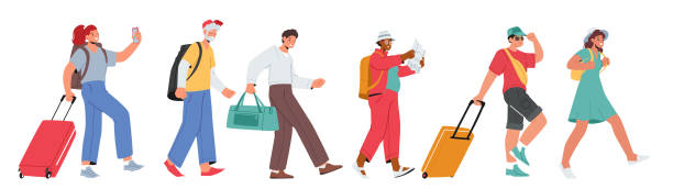 白い背景に観光客の男女が並んで歩く。キャラクターの喜びを捉えた画像 - people traveling journey group of people hiking点のイラスト素材／クリップアート素材／マンガ素材／アイコン素材