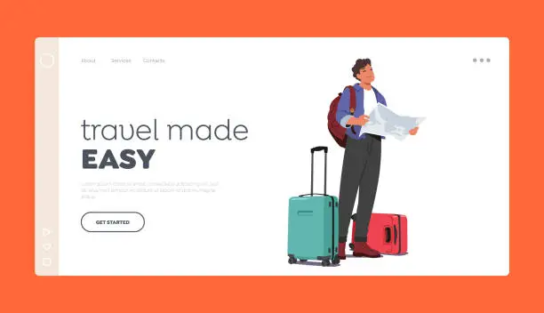 Vector illustration of Travel Easy Landing Page Template. Man Holding Map And Luggage, Looking Prepared To Travel. Image Promoting Travel