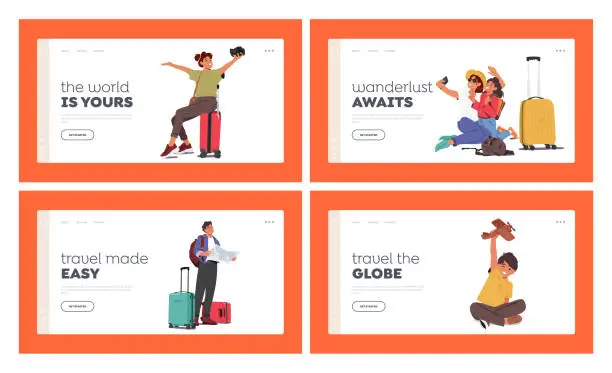 Vector illustration of Trip around the World Landing Page Template Set. Travelers with Luggage and Various Travel Items. Image Promoting Travel
