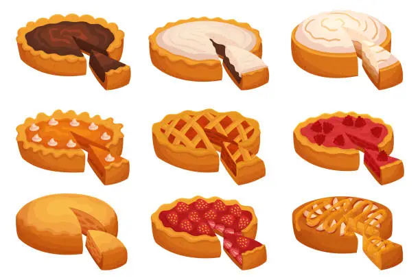 Vector illustration of Collection Of Pies With A Portion Sliced Out, Revealing Their Delicious, Flavorful Filling Cartoon Vector Illustration