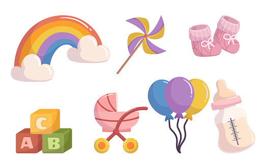 Delightful Set Of Baby Toys And Items Perfect For Newborns, Including Pinwheel, Rainbow, Cubes, Pink Socks, Stroller, Milk Bottle and Balloons Ideal For Gifting. Cartoon Vector Illustration