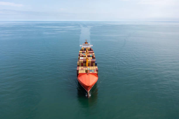 istock Aerial view of large container cargo ship travels over calm, blue ocean. 1481236007