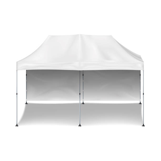 istock Pop-up gazebo with back wall realistic mock-up. White blank promotional canopy tent vector mockup. Foldable event marquee. Template for design 1481236110