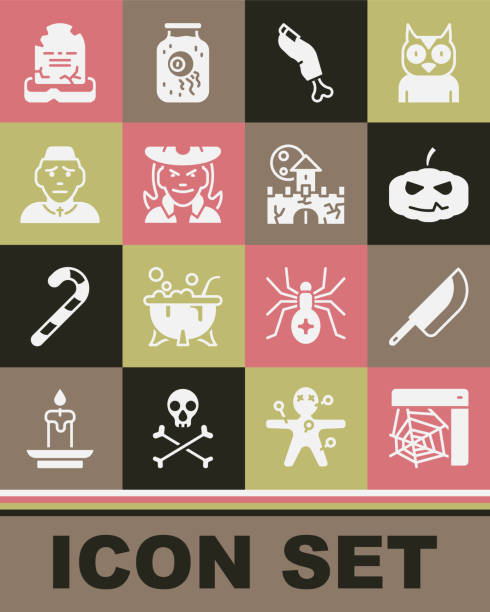 istock Set Spider web, Knife, Pumpkin, Zombie finger, Witch, Priest, Tombstone with RIP written and Castle, fortress icon. Vector 1481237314