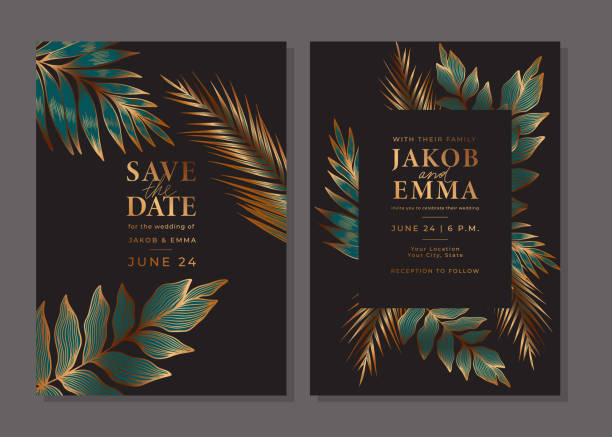 ilustrações de stock, clip art, desenhos animados e ícones de set of luxury golden wedding invitation with tropical leaves. - leaf black background line art nature