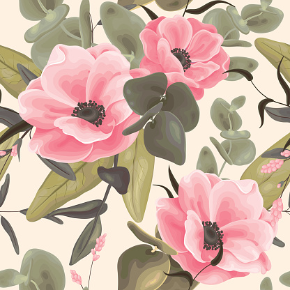 istock Seamless floral pattern with large pink anemone flowers, various leaves on a light background. Imitation of watercolor, vector. 1481238729