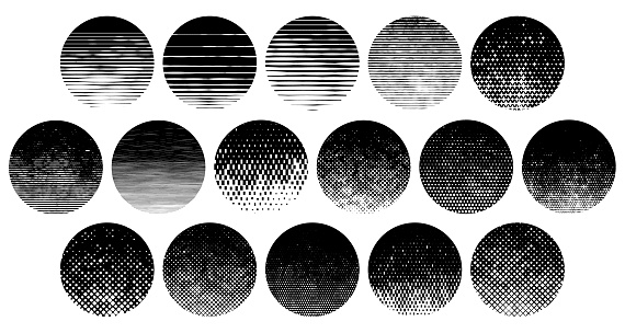 Black circles with grunge halftone textured distressed pattern vector illustrations with gradient texture overlays