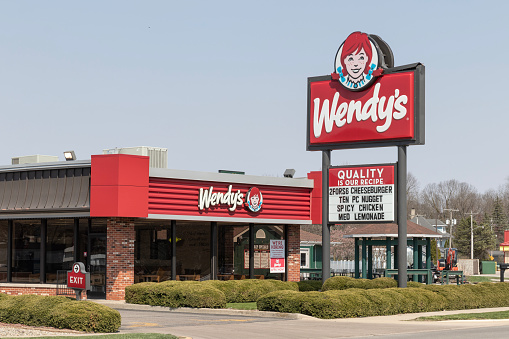 Peru - Circa April 2023: Wendy's fast food restaurant. Wendys is famous for its Frosty Dairy Dessert and square hamburgers.