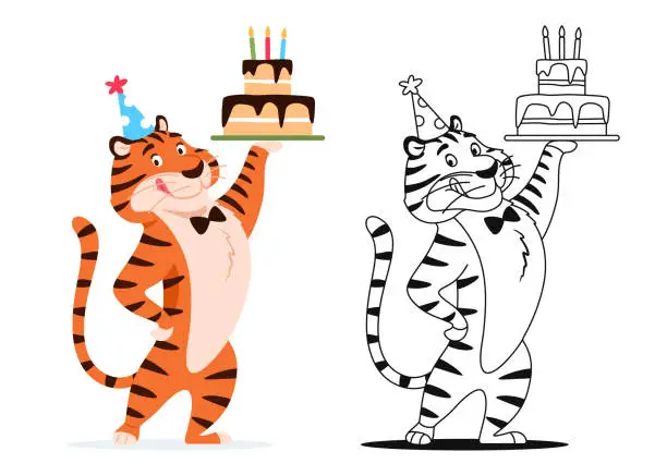 Vector illustration of Coloring book. Funny cartoon tiger with Birthday cake on white background. Cute animal character for kids preschool activity. Black and white outline worksheet design Coloring page vector illustration