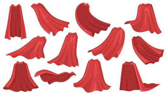 Cloak shoulders covering, isolated set of clothing. Costume or suit outfit. Red manteau, cape or mantle part of apparel. Vector in flat cartoon illustration