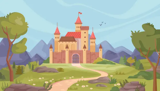 Vector illustration of Landscape with castle and nature, mountains and greenery. Historical sight or architecture attraction, sightseeing. Vector fairy tale royal palace in flat cartoon illustration