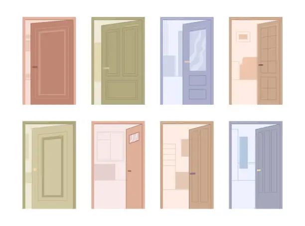 Vector illustration of Doors variety, isolated assortment of entrances to apartments or buildings. Wooden entryway and decorative handle. Vector in flat cartoon illustration