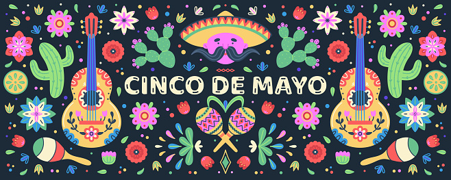Cinco de Mayo celebration. Mexican holiday. Colorful symmetrical design of flowers, cactuses, maracas, guitars and a mariachi singer on a dark background. Fiesta banner, poster, header. Vector