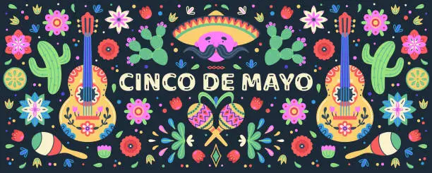 Vector illustration of Cinco de Mayo celebration. Mexican holiday. Colorful symmetrical design of flowers, cactuses, maracas, guitars and a mariachi singer on a dark background