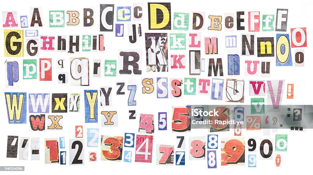 Ransom note alphabets XXXL Loads of letters clipped from newspapers. There are several variants of each letter,  plus numerals and punctuation. Newspaper Stock Photo