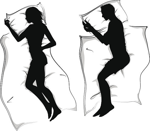 illustrazioni stock, clip art, cartoni animati e icone di tendenza di silhouette uomini e donna sdraiata a letto di dormire - bedroom pillow duvet blanket