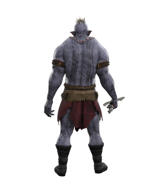 istock Giant fantasy orc warrior standing with an axe in hand facing away from the camera. 3D isolated illustration. 1481243075