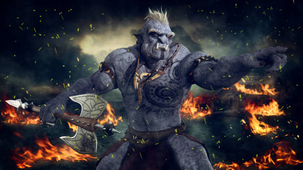 mächtiger fantasy-ork-krieger, der mit einer axt auf einem brennenden schlachtfeld kämpft. 3d-illustration. - goblin stock-fotos und bilder