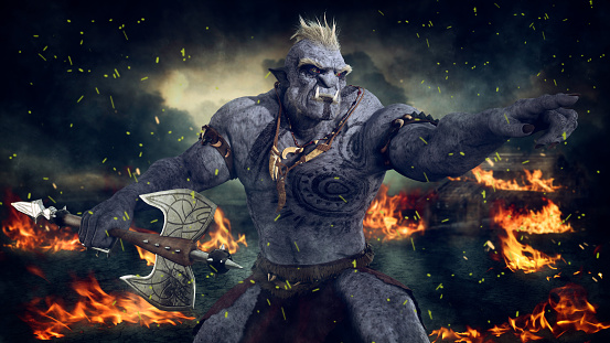 Powerful fantasy orc warrior fighting with an axe on a burning battlefiled. 3D rendering.