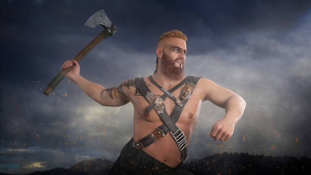 Viking warrior man fighting with a bearded axe under dark stormy sky. 3D illustration.