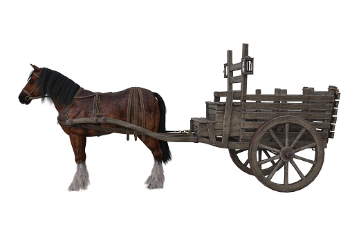 Brown horse pulling an old medieval wooden cart. 3D illustration isolated.