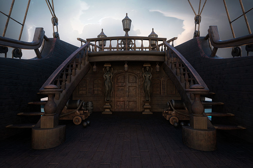Deck of an old wooden pirate ship with door to cabin and steps leading to the ships wheel. 3D rendering.