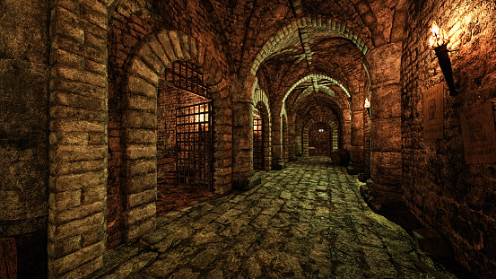 Old medieval castle dungeon tunnel with a row of prison cells, lit by torch flame. 3D rendering.