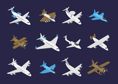 Aircraft types.  Isometric vector set of different types of airplanes.