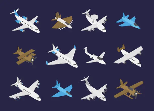 Vector illustration of Aircraft Types Isometric Vector set