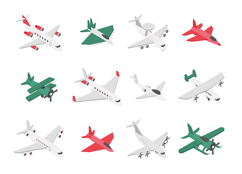 Aircraft types.  Isometric vector set of different types of airplanes.