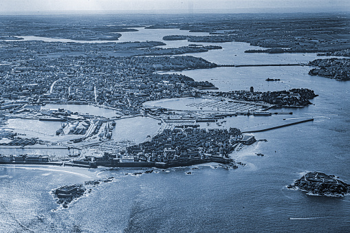 Panoramic view of the port with moored vessels in the evening, Cape Town, Western Cape Province, South Africa.