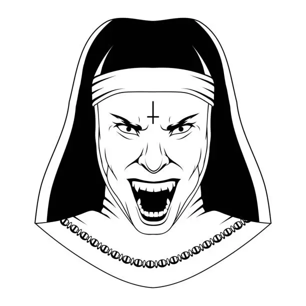 Vector illustration of Evil nun. Vector illustration sketch of halloween costume possessed by the demon. Angry holy sister